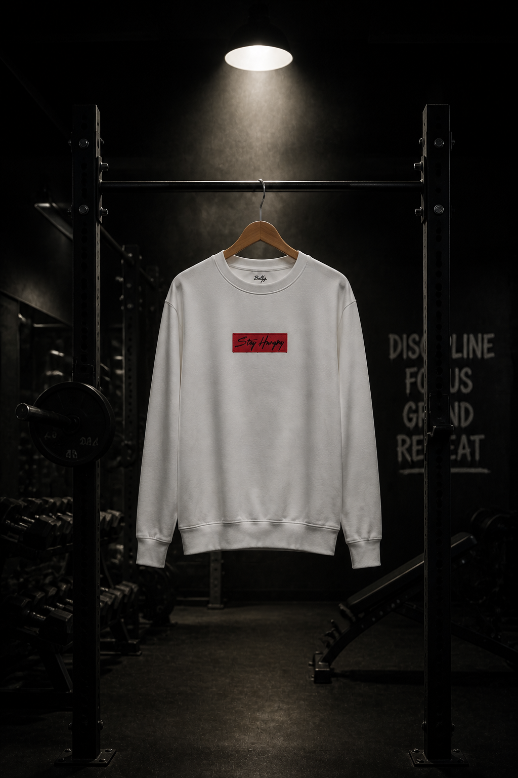 White Stay Hungry box-logo crewneck hanging in a dark gym