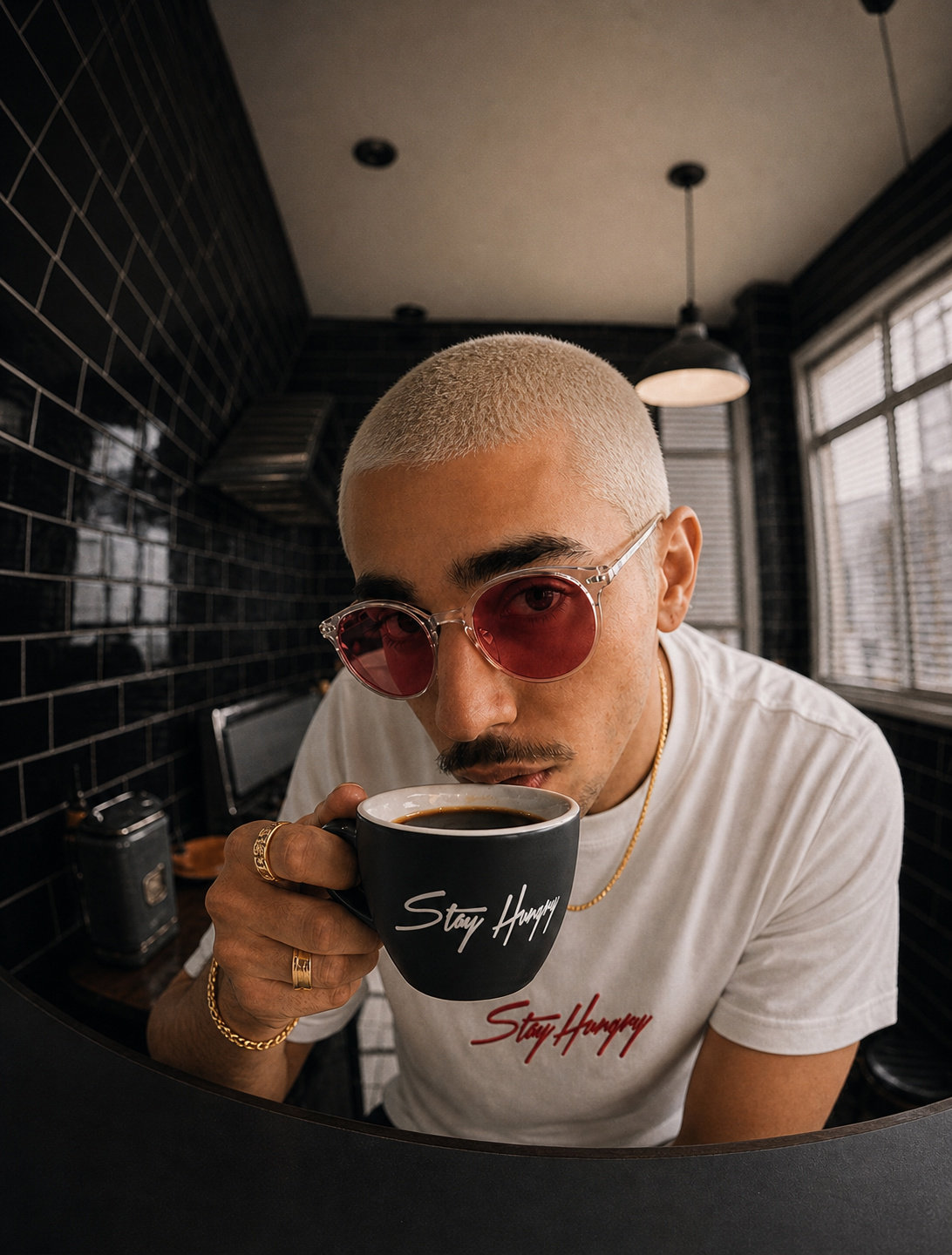 Man in a white Stay Hungry tee drinking espresso from a Stay Hungry mug